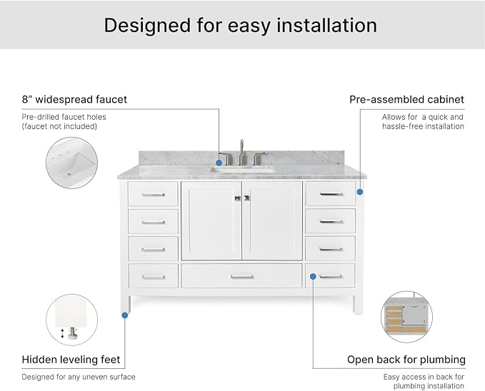 ARIEL Cambridge 60-inch Bathroom Vanity with Sink,Solid Wood, 0.75-inch Italian Carrara Marble Countertop, Single Rectangular Porcelain Sink, 2 Soft Closing Doors, 9 Dovetail Drawers, White