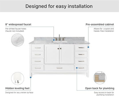 ARIEL Cambridge 60-inch Bathroom Vanity with Sink,Solid Wood, 0.75-inch Italian Carrara Marble Countertop, Single Rectangular Porcelain Sink, 2 Soft Closing Doors, 9 Dovetail Drawers, White