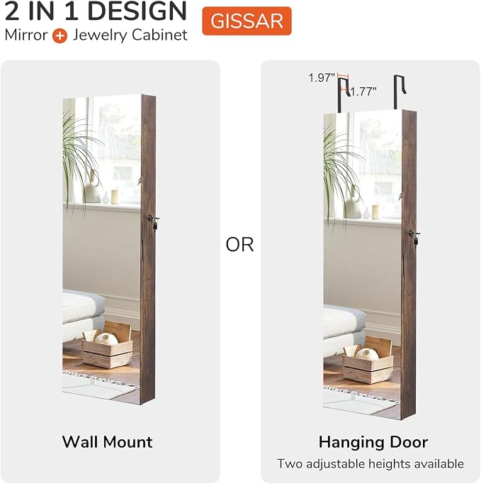 GISSAR Full Length Mirror Jewelry Cabinet, 6 LEDs Jewelry Armoire Wall Mounted Over The Door Hanging, Jewelry Organizer Display Storage Furniture with Lights Locker Mirrored Cabinet, Vintage Brown