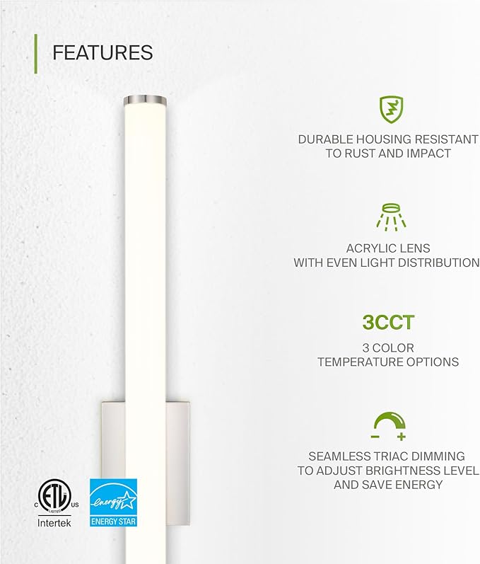 ASD 36" LED Linear Vanity Light Fixture, Modern Bathroom Sconce — 3 Color 3000K-5000K, Dimmable, 30W 2100LM, Energy Star & ETL Listed — Over Mirror Makeup Slim Bar for Bedroom, Cabinets — Nickel