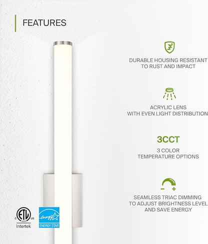 ASD 36" LED Linear Vanity Light Fixture, Modern Bathroom Sconce — 3 Color 3000K-5000K, Dimmable, 30W 2100LM, Energy Star & ETL Listed — Over Mirror Makeup Slim Bar for Bedroom, Cabinets — Nickel