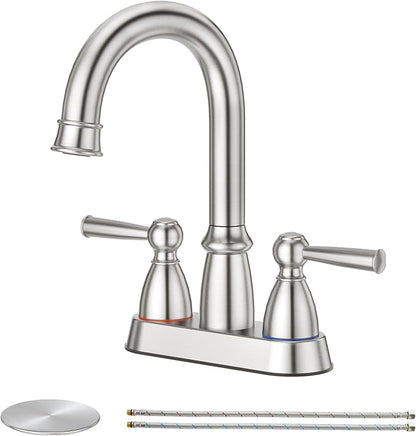 CREA Centerset Bathroom Faucet 3 Holes,4 Inch Bathroom Faucets Double Handles,360°Swivel Bathroom Faucet with Pop Up Drain,Brushed Nickel Bathroom Vanity Faucet Basin Mix Tap(cPUC Line)