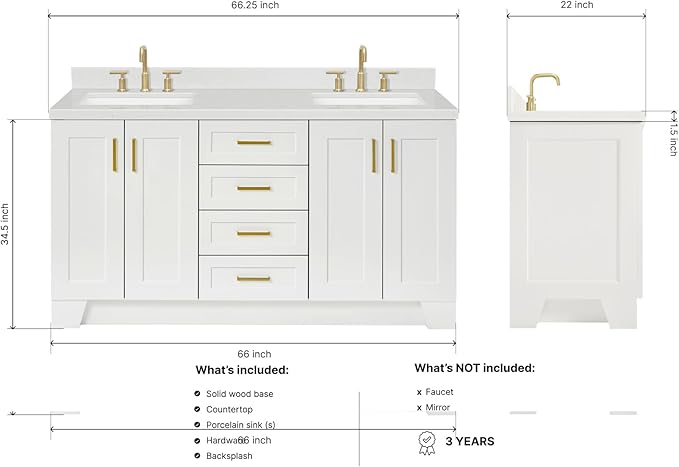 DKB Emilia 66-Inch White Double Bathroom Vanity with Sink, 1.5-Inch Carrara Quartz Countertop & 4" Backsplash, Rectangular Sinks, 4 Soft-Closing Doors, 6 Dovetail Drawers, Toe Kick, Satin Brass