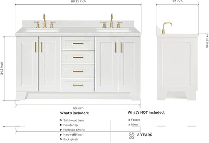 DKB Emilia 66-Inch White Double Bathroom Vanity with Sink, 1.5-Inch Carrara Quartz Countertop & 4" Backsplash, Rectangular Sinks, 4 Soft-Closing Doors, 6 Dovetail Drawers, Toe Kick, Satin Brass