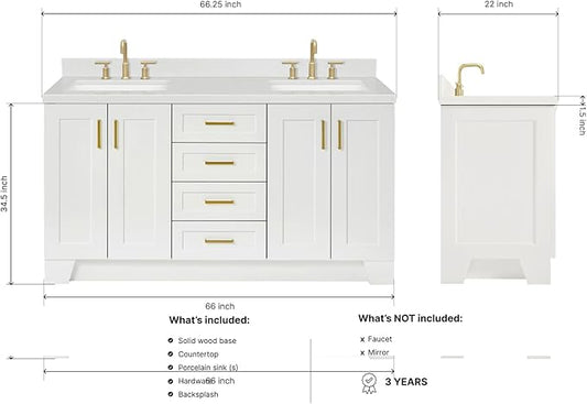 DKB Emilia 66-Inch White Double Bathroom Vanity with Sink, 1.5-Inch Carrara Quartz Countertop & 4" Backsplash, Rectangular Sinks, 4 Soft-Closing Doors, 6 Dovetail Drawers, Toe Kick, Satin Brass