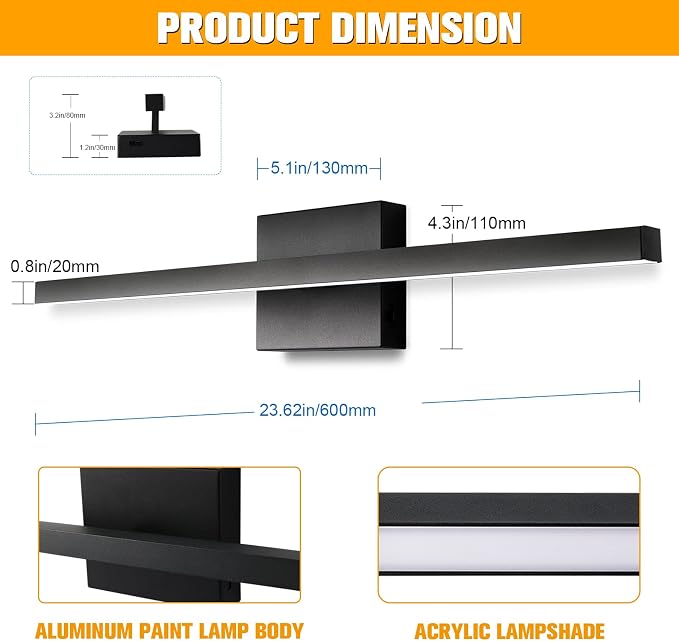 23.6 inch Black Bathroom Vanity Light,14W 5CCT Dimmable LED Bathroom Lighting Fixtures Over Mirror, Modern Vanity Lights for Bathrooms Restroom Mirror- ETL Certified