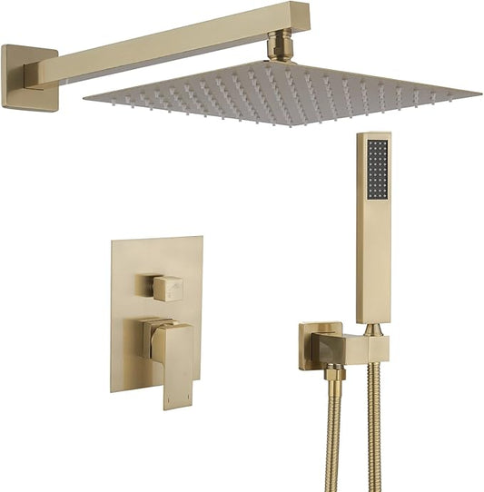 BWE Shower Faucet Brushed Gold 12 Inch Square Bathroom Luxury Rain Mixer Shower Combo Set 2-Functions Wall Mounted Rainfall Shower Head System Rough-in Valve Body and Trim Included