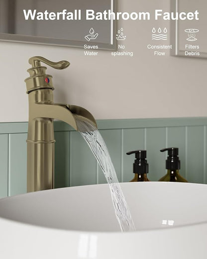 BWE Waterfall Vessel Sink Faucet Brushed Gold Bathroom Faucet 1 Hole | Single Handle Tall Bathroom Faucets with Pop Up Drain Assembly and Supply Lines Lavatory Vanity Bath Mixer Tap