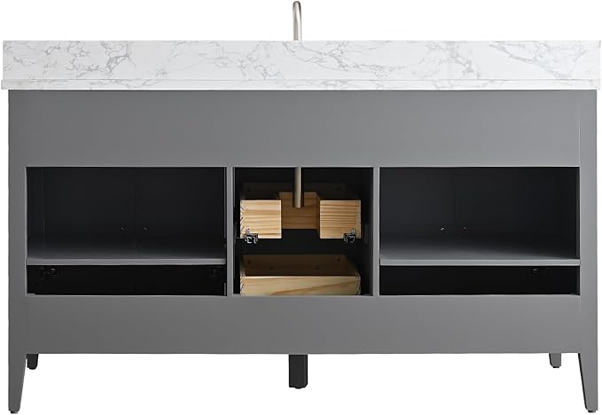 Vanity Art 60 inch Bathroom Vanity with Single Sink & Ceramic Top, Vanity Cabinet with Soft-Closing Doors, Drawers, Solid Wood Frame, Cashmere Gray, VA9060-SG-BN1