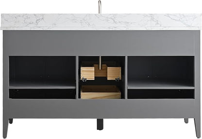 Vanity Art 60 inch Bathroom Vanity with Single Sink & Ceramic Top, Vanity Cabinet with Soft-Closing Doors, Drawers, Solid Wood Frame, Cashmere Gray, VA9060-SG-BN1