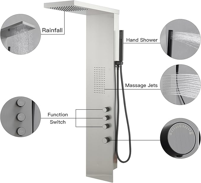 BWE Stainless Steel Shower Panel Tower System - 3 IN 1 Brushed Nickel Shower Panel - Rainfall Shower Head and Handheld with Massage Body Jets - Wall Mount