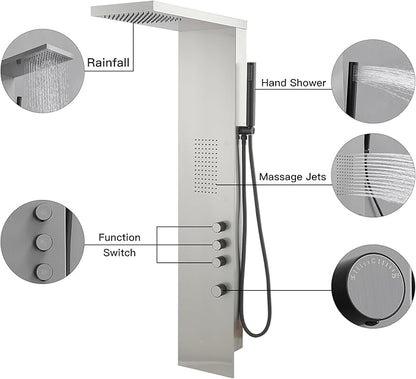 BWE Stainless Steel Shower Panel Tower System - 3 IN 1 Brushed Nickel Shower Panel - Rainfall Shower Head and Handheld with Massage Body Jets - Wall Mount