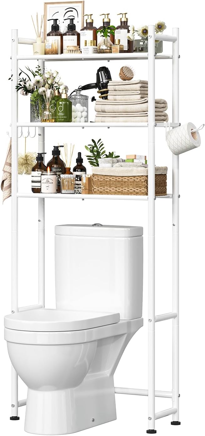 Simple Trending 3-Tier Over Toilet Storage Rack with Paper Holder & Hooks | Heavy Duty Metal Bathroom Organizer Shelf Over Toilet, Freestanding Space Saving Bathroom Cabinet for Laundry, White