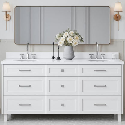 ARIEL Monroe 72-inch Bathroom Vanity with Sink,Solid Wood, 1.5-inch Pure White Quartz Countertop & Backsplash, Double Rectangular Porcelain Sink, 9 Dovetail Drawers, Brushed Nickel, White