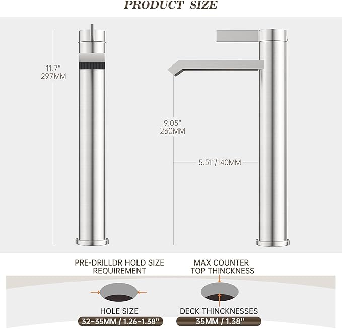 Phiestina Brushed Nickle Single Hole Tall Bathroom Bowl Faucet, Single Handle Above Counter Sink Bathroom Vessel Faucet with Waterfall,Pop Up Drain and Water Supply Line,FH04-BN-V