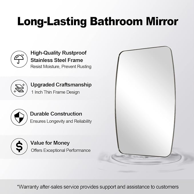 Brushed Nickel Bathroom Mirror, 30x36’’ Oblong Mirror with Stainless Steel Metal Frame, Silver Oval Vanity Mirror for Over Sink, Modern Anti Rust Wall Mounted