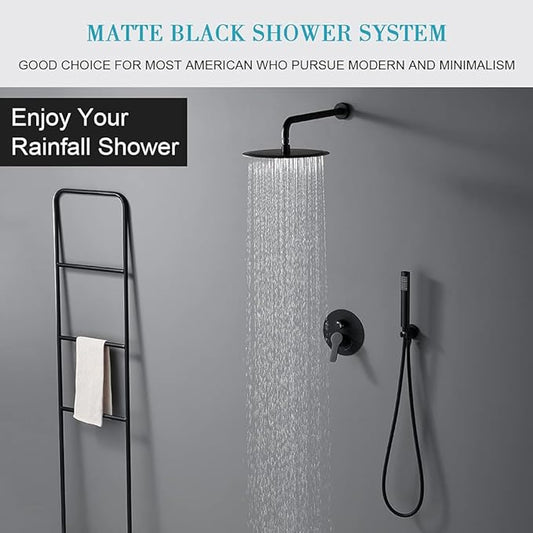 TIPOK Matte Black Shower System with 8 Inch Round Shower Head and Handheld, Rainfall Shower Faucets Sets Complete, Black Shower Head System Wall Mounted Matte Black Shower Set for Bathroom