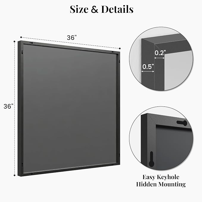 36"x36" Matte Black Framed Square Bathroom Vanity Wall Mirror | Accent Wall Mirror, Square Geometric Look, Slim Metal Frame, Living Room or Entryway, Keyhole Mount, Tempered Glass