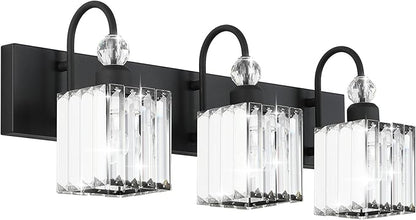 Ralbay Modern Crystal Black Vanity Light 3 Light Bathroom Light Fixtures Over Mirror Matte Black Crystal Bathroom Wall Lighting