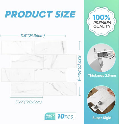 STICKGOO 10-Sheet Subway Peel and Stick Backsplash Tiles Carrara White | Waterproof 3D PVC wall tiles with strong adhesive, extra thick for kitchen backsplash and bathroom walls
