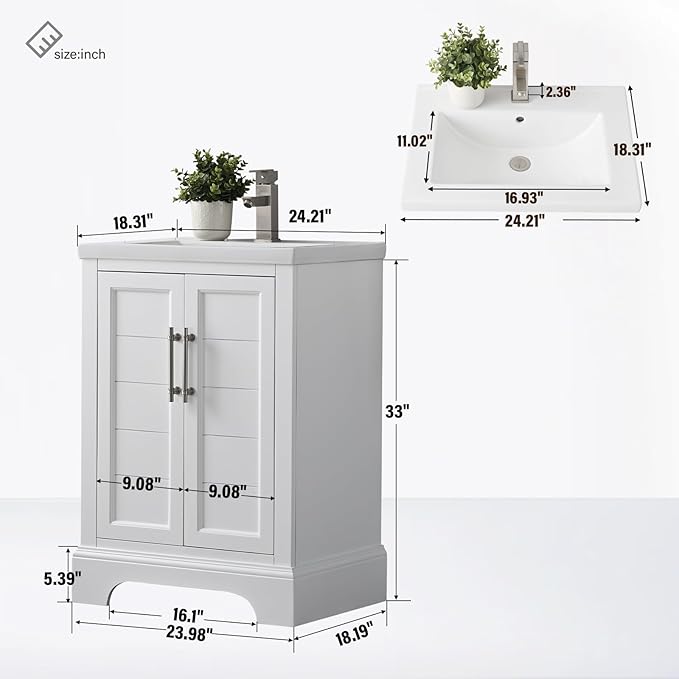 HOMEBEYOND 24 Inch Bathroom Vanity with Single Sink & Ceramic Top, Vanity Cabinet with Center Countertop Basin, Soft-Closing Doors, White