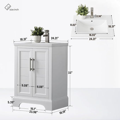 HOMEBEYOND 24 Inch Bathroom Vanity with Single Sink & Ceramic Top, Vanity Cabinet with Center Countertop Basin, Soft-Closing Doors, White