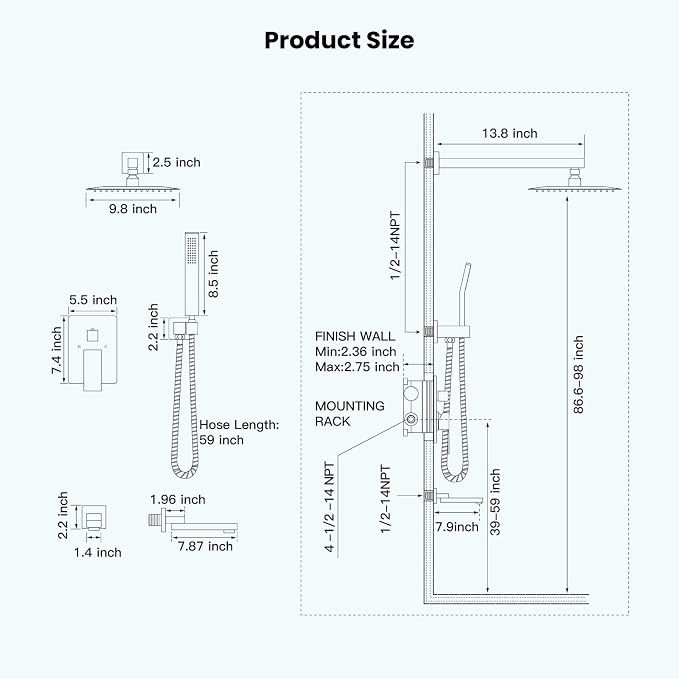 gotonovo Tub Shower Faucet Set with Valve Kit 10’’ Head,Matte Black | Shower System with Tub Spout,SUS304 Rain Head with Handheld Sprayer,Swivel Spout,All Metal,Rough-In Valve Trim Kit,Wall Mount