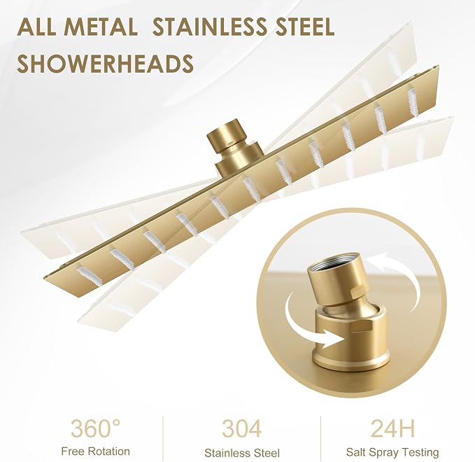 10 Inch Gold Rain Shower Head - All Metal Stainless Steel 304, Ultra Thin Design, Modern Bathroom Square Rainfall Showerheads - Full Body Coverage Bath Shower