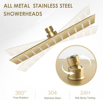 10 Inch Gold Rain Shower Head - All Metal Stainless Steel 304, Ultra Thin Design, Modern Bathroom Square Rainfall Showerheads - Full Body Coverage Bath Shower