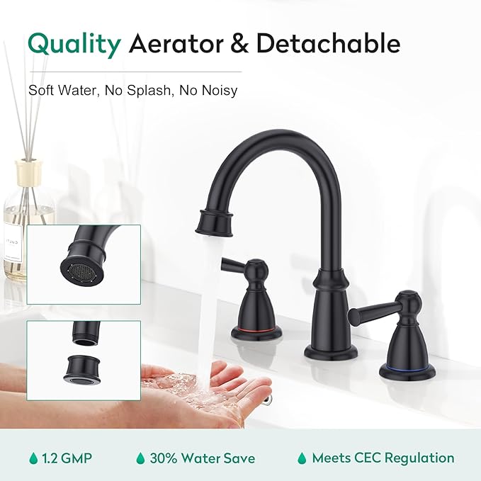 CREA Black Bathroom Faucet 3 Hole,2 Handles 8 Inch Widespread Bathroom Faucets with Drain for Sink Overflow,3 Pieces Matte Black Faucet for Bathroom Vanity RV Basin Tap(cPUC Supply Line)
