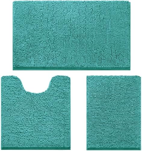 HOMEIDEAS Teal Chenille Bathroom Rugs Set of 3, Non Slip Bath Mat