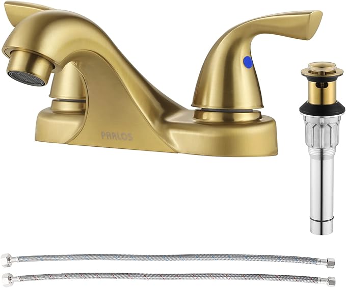 Brushed Gold Bathroom Faucet 4 Inch Centerset for Lavatory Sink | Mid Arc, 2 Handle Lead-Free RV Bathroom Faucet with Metal Pop Up Drain Supply Lines, for 2 or 3 Hole Lavatory Utility Sink