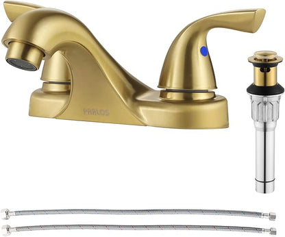 Brushed Gold Bathroom Faucet 4 Inch Centerset for Lavatory Sink | Mid Arc, 2 Handle Lead-Free RV Bathroom Faucet with Metal Pop Up Drain Supply Lines, for 2 or 3 Hole Lavatory Utility Sink