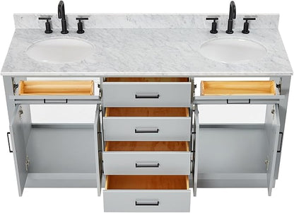 ARIEL Hepburn 66-inch Bathroom Vanity with Sink,Solid Wood, 0.75-inch Italian Carrara Marble Countertop & Backsplash, Double Oval Porcelain Sink, 4 Soft Closing Doors, 6 Dovetail Drawers, Grey
