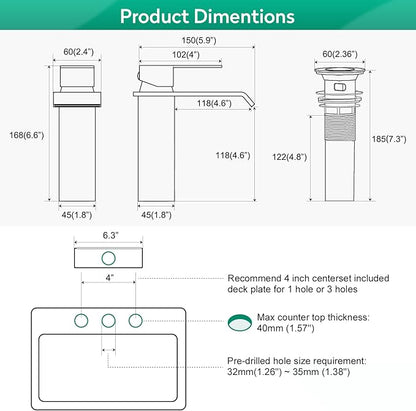 CREA Waterfall Bathroom Faucet 1 Hole,Brushed Nickel Bathroom Faucet Single Handle Bathroom Sink Faucet with Pop Up Drain Stopper/ 3 Hole Plate,Stainless Steel RV Vanity Faucet Basin Mixer Tap