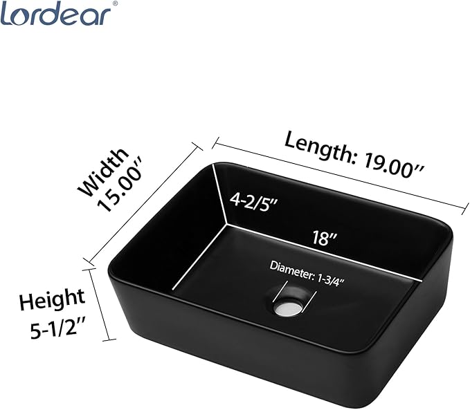 Lordear Black Vessel Sink 19"x15" Bathroom Sink Rectangle Above Counter Black Porcelain Ceramic Vessel Vanity Sink Art Basin