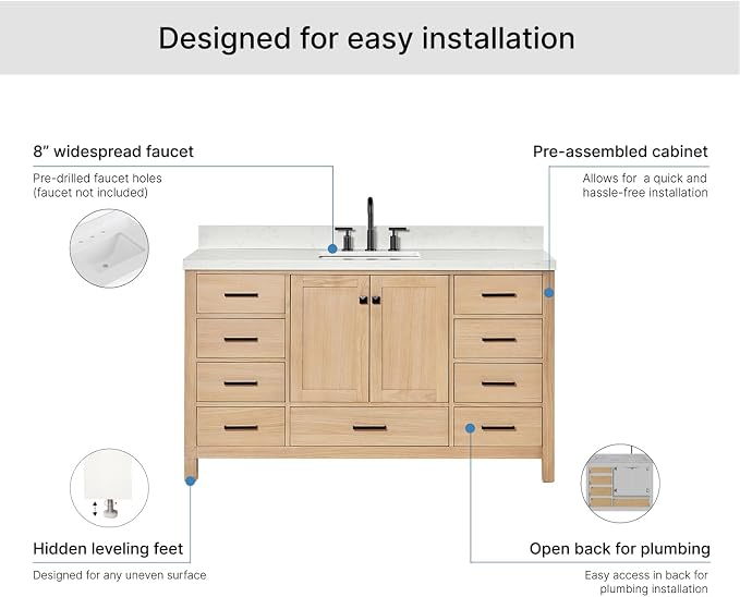 ARIEL Cambridge 60-inch Bathroom Vanity with Sink,Solid Wood, 1.5-inch Carrara White Quartz Countertop, Single Rectangular Porcelain Sink, 2 Soft Closing Doors, 9 Dovetail Drawers, White Oak