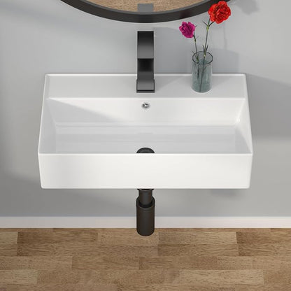 Wallmounted Bathroom Vessel Sink - 21"x12" Rectangular Floating Wall Hung Sinks Ceramic Wash Hand Basin White Wall Mount Vanity Sink for Modern Bathroom