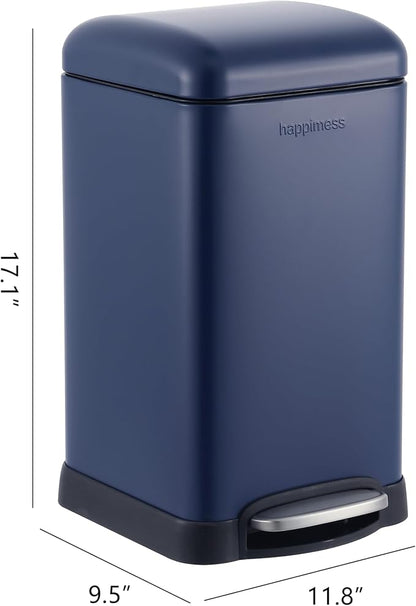 happimess Betty Retro Mini 3.2 Gal Step Trash Can, Denim Blue | Soft-Close Lid, Removable Liner, Iron, Hands-Free Pedal, Satin Finish, Non-Skid Base, Built-In Damper, Modern, Minimalistic