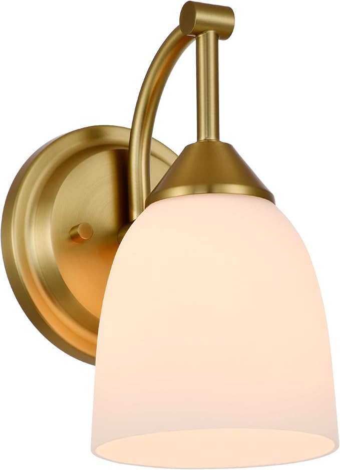 Traditional 1-Light Indoor Gold Wall Sconce with Frosted Glass Bathroom Bedroom Hallway, 9.6" H x 5.5" W, Aged Brass