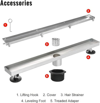 SaniteModar Linear Shower Drain 48 inch with Tiled Stealth and 304 Stainless Steel Brushed Polished 2 in 1 Panels.Tile Insert Shower Drain Equipped Adjustable Feet,Hair Filters | AISI 304 Stainless Steel Brushed Linear Dain Rectangle Shower Floor Drain...