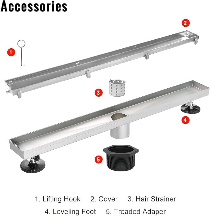 SaniteModar Linear Shower Drain 40 inch Brushed with Tile Insert Panel | AISI 304 Stainless Steel Brushed Linear Dain Rectangle Shower Floor Drain with Hair Strainer and Leveling Feet