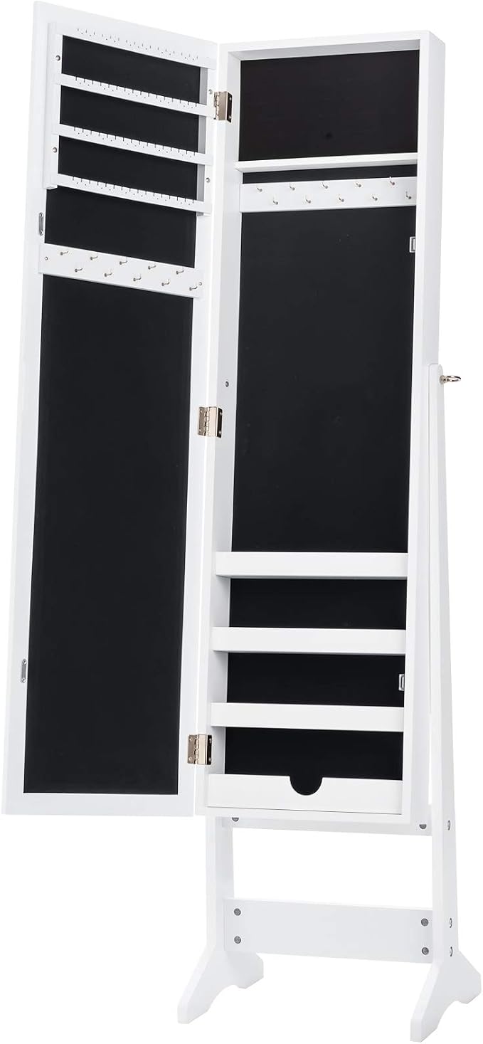 GIANTEX Jewelry Cabinet with Full-Length Mirror, Standing Jewelry Armoire Organizer with 64 Earring Slots, 72 Ring Slots, 20 Necklace Hooks, 4 Storage Shelves, 3 Angle Adjustable (White)