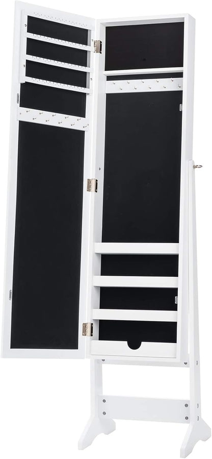 GIANTEX Jewelry Cabinet with Full-Length Mirror, Standing Jewelry Armoire Organizer with 64 Earring Slots, 72 Ring Slots, 20 Necklace Hooks, 4 Storage Shelves, 3 Angle Adjustable (White)