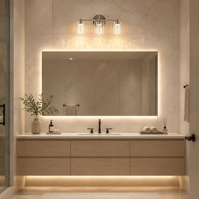 Brushed Nickel Vanity Light with 3 Color Modes, Eye Protection LED Bathroom Light Fixtures, Dimmable Modern Wall Light Over Mirror with Clear Glass Shade (Brushed Nickel, 3-Light)