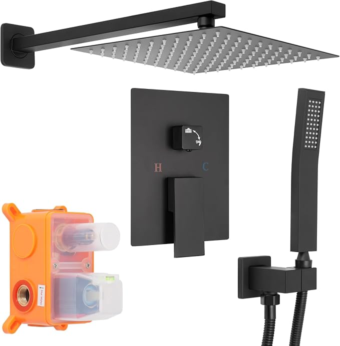 Matte Black Square Shower Head with Handheld Set, Rainfall Shower System Modern Wall Mounted Shower Faucet for Bathroom 10 inch (With Shower Valve)