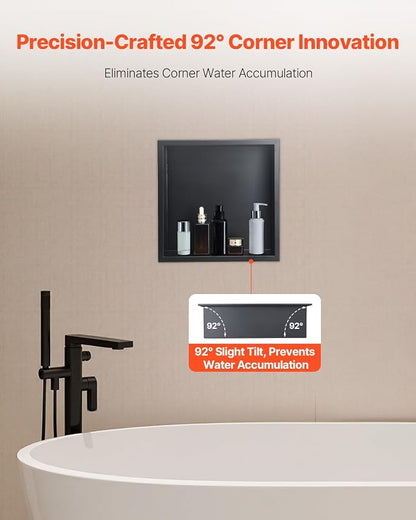 VEVOR Shower Niche, 13 x 13 x 4 inch Recessed Wall Niche, Heavy-Duty Stainless Steel Modern Soap & Shampoo Storage Organizer, Sealed Waterproof, Durable & Easy to Install,Black for Bathroom