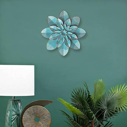 Metal Flower Wall Art Decor, 9.5" Light Sky Blue Floral Art | Rustic Modern Floral Sculpture,Distressed Hanging Home Decoration for Indoor Bedroom Living Room Office Outdoor Garden