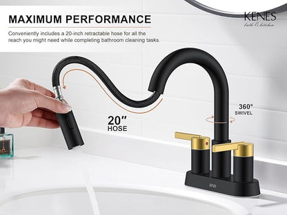 KENES Black and Gold Centerset Bathroom Faucet with Pull Out Sprayer, 4 Inch 2 Handle Pull Down Bathroom Sink Faucet 3 Hole, Bathroom Vanity Faucet with Pop Up Drain & Supply Lines LJ-9069-BG