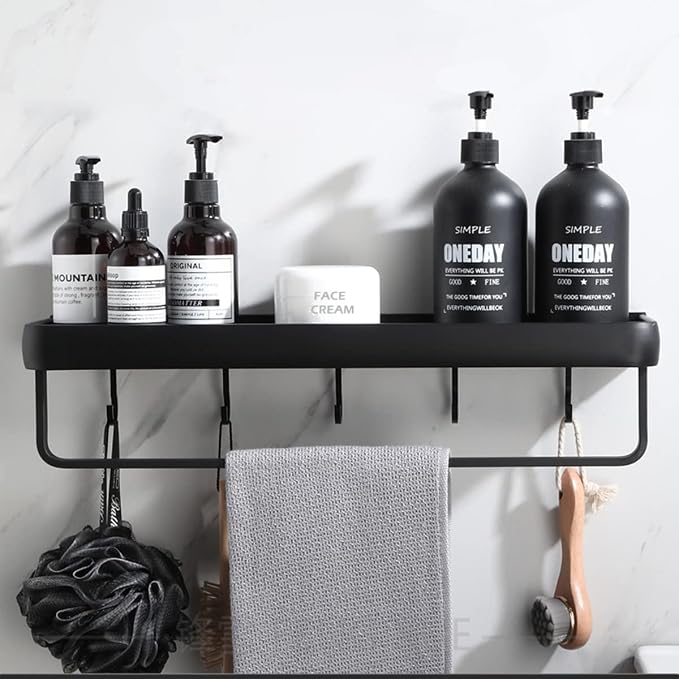 Modern Double Layer Bathroom Storage Shelves and One Towel Bar and 5 Moveable Hooks, Wall Mounted Black Aluminum Towel Holders Towel Rack, Bath/Kitchen Storage Shelf (Black-15.7Inches)